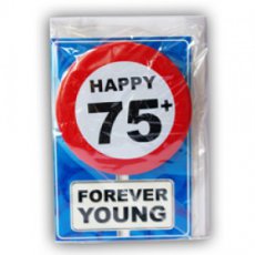 05955 Carte de vœux avec badge à épingler 'Happy 75+'